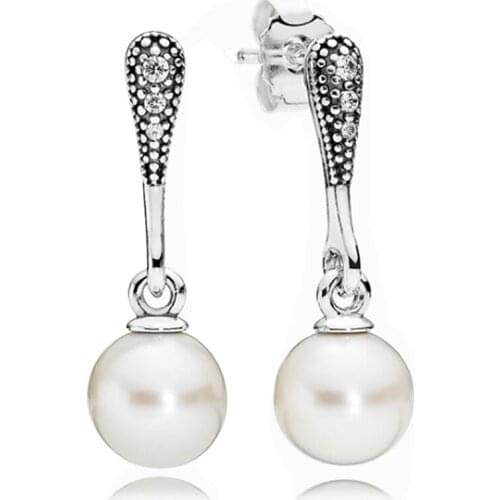 925 Sterling Silver Rose Vintage Allure Elegant Beauty Pearl Drops Heart to Heart Star pandora Earrings For Women Jewelry Gift