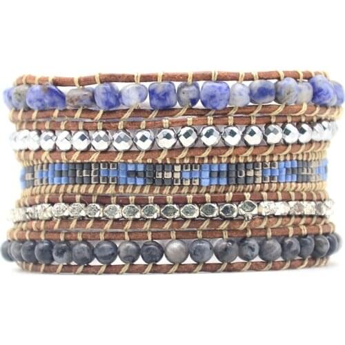 Energy Chakra Hematite Wrap Stone Bead Statement Wrist Handmade Bracelet for Women Leather Bracelet Dropship