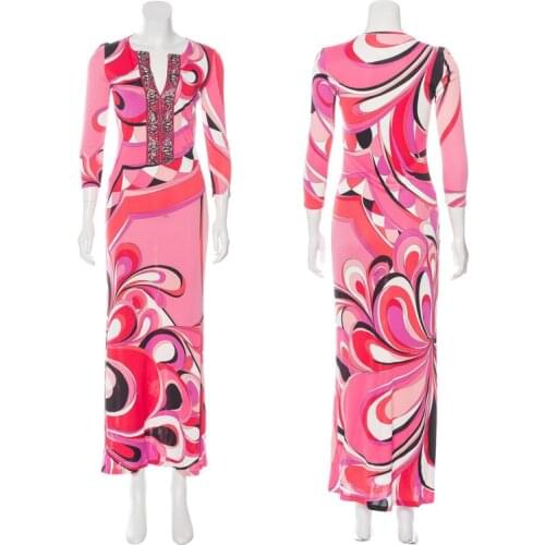 Womens new V collar seven point sleeve print extended beach vacation stretch slim silk jersey dress