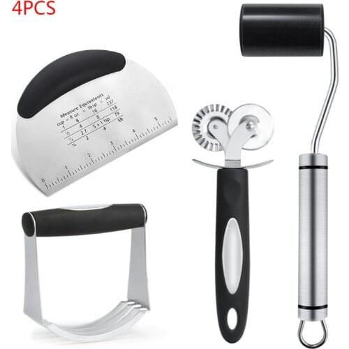 4pcs/set Stainless Steel Dough Pastry Cutter Blender Rolling Pin Double Head for Pizza Pasta Pies Waffles Cookies Baking Tool