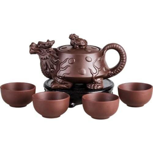 5Pcs/Lot Yixing Ceramic Dragon Teapot Purple Clay Kung Fu Kettle Tea Set Including 1 Tea Pot + 4 Cups Handmade Office Teacups