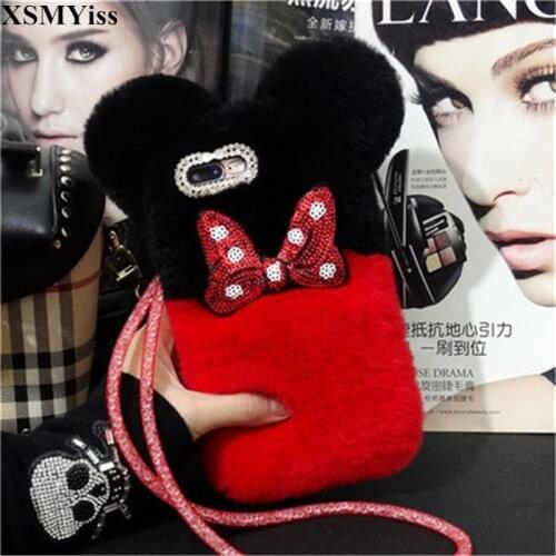 For SamsungA9 A8 A6 PLUS A50 A70 A80 Luxury Cute Cartoon Panda Bowknot Warm Rabbit Fur Back Cover For Samsung j4 j6 j8 2018 Case