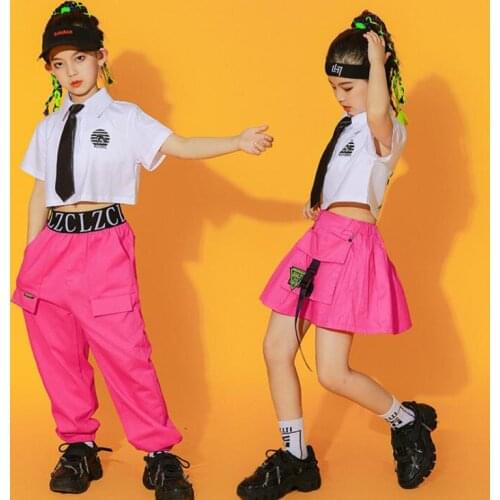 Kids Jazz Hip Hop Costume Crop Tops Pink Mini Skirt Stage Wear Clothing For Girls Show Outfits Modern Street Dancing Clothes