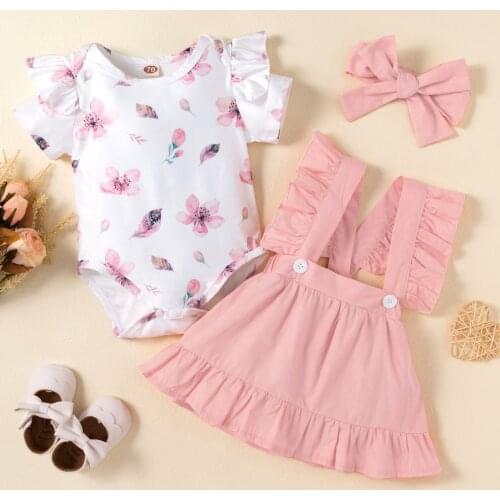 Newborn Baby Girl Clothes Floral Romper Suspender Skirt Headband 3Pcs Summer Sleeveless Outfits Sunsuit For 0-24Months