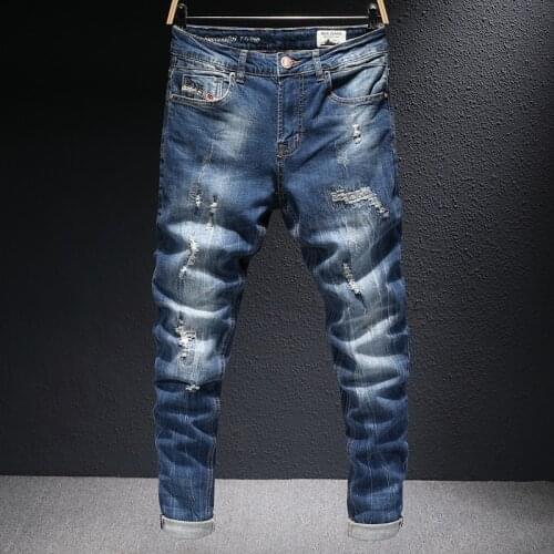 European Vintage Fashion Men Jeans Retro Blue Elastic Slim Fit Ripped Jeans Men Destroyed Distressed Designer Denim Pencil Pants