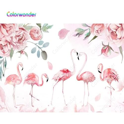 Ink Painting Photographic Background Pink Flamingos Standing on the Ground 7x5ft Pink Flowers White Backdrops for Wedding Party
