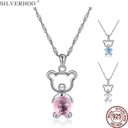 SILVERHOO Bear Pendant Women Necklaces 925 Sterling Silver Animal Hanging Colorful Austria Crystal Romantic Anniversary Gift