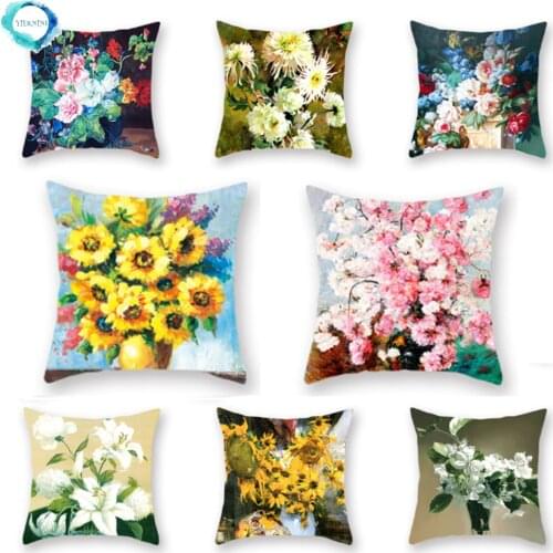 American Country Vintage Oil Painting Sunflower Print Polyester Cushion Cover Decorative Throw Pillowcase 45x45cm Pillow Cover