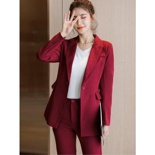 Casual Burgundy Color 2 Piece Set Women Suit Office Lady Work Business Pants Blazer Set Fashion Pantsuits Female 2020 Autumn New
