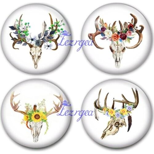 Handmade Round Skull deer head and flower photo glass Cabochons Antlers Jewelry Finding Cameo Pendant Settings