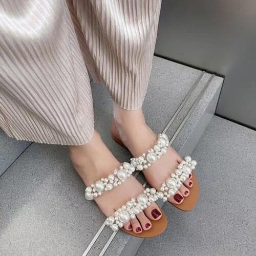 Summer Women Flat Bohemian Open Toe Transparent Flat Bottom Pearl Versatile Crystal Beach Sandals Shoes Sandalias De Mujer#g3