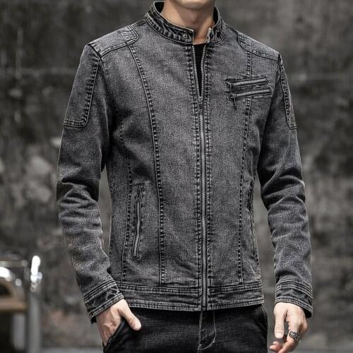 2022 Mens Autumn New Cotton Slim Retro Stand Collar Denim Jacket