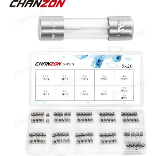 55pcs 5x20 Fast Blow Tube Cylinder Glass Fuse Set 5X20mm 0.5A 1A 2A 3A 4A 5A 6A 8A 10A 12A 15A 250V 125V 12V for Oven Microwave