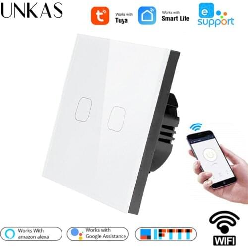 UNKAS Google Home Amazon Alexa Voice Control EU Standard Tuya/Smart Life/ewelink 2 Gang 1 Way WiFi Wall Light Touch Switch
