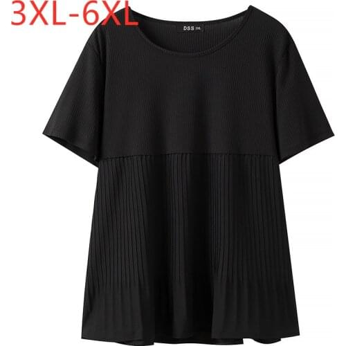 New 2021 Ladies Summer Plus Size Knit Tops For Women Large Short Sleeve Loose Black White Ruffle O-neck T-shirt 3XL 4XL 5XL 6XL