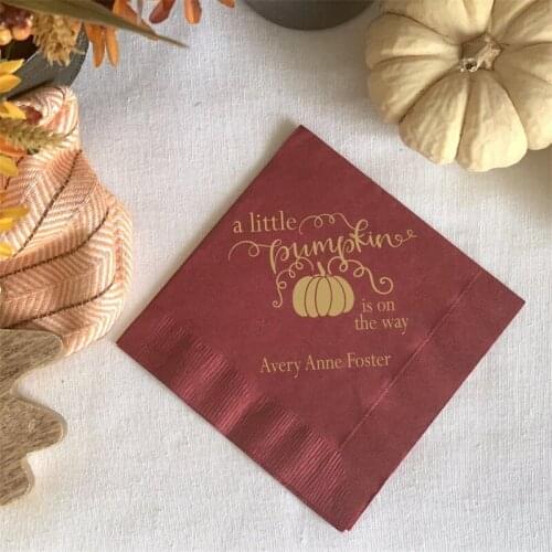 Personalized Baby Shower Napkins A Little Pumpkin is on the Way - Foil Stamped Baby Shower Napkins -Custom Baby Pumpkin Napkins