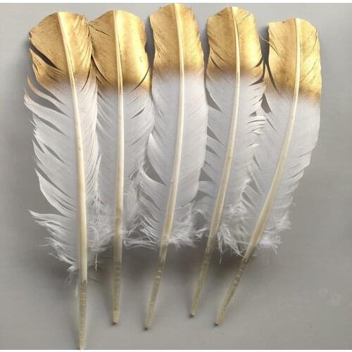 Hot Selling Wholesale 500pcs White+Golden Turkey Feathers 10-12 inch/25-30 cm DIY Jewelry Craft Making Home Decoration