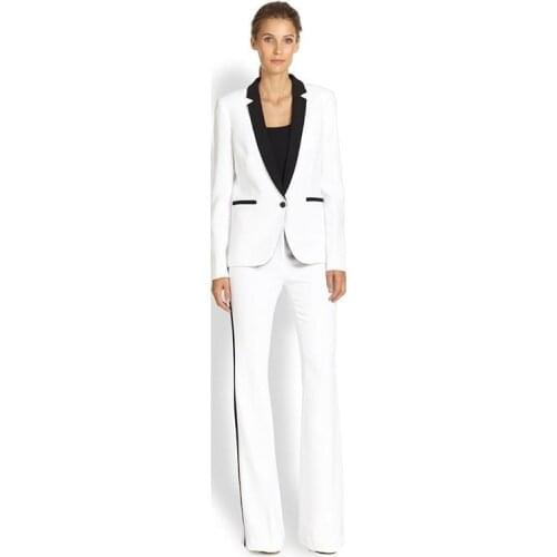 Jacket+Pants Womens Business Suit White Female Office Uniform Ladies Formal Trouser 2 Piece Suit Single Breasted Black Lapel