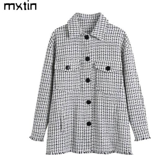 MXTIN 2021 Women Autumn Vintage Button Tweed Jacket Coat Fashion Lapel Collar Long Sleeve Pockets Office Lady Female Chic Tops