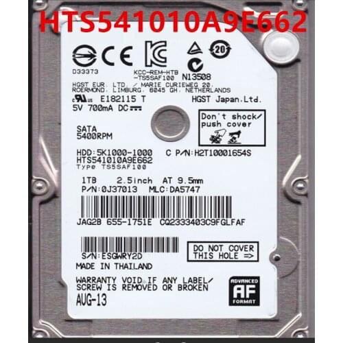 Almost New HDD For Hgst 1TB 2.5" SATA 3 Gb/s 8MB 5400RPM 9.5MM For Internal Hard Disk For Notebook HDD For HTS541010A9E662
