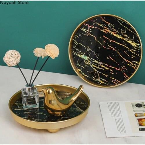Nordic Light Luxury Iron Art Storage Tray Marble Metal Tray Cosmetics Jewelry Storage Tray Household Snack Tray Fruit Tray