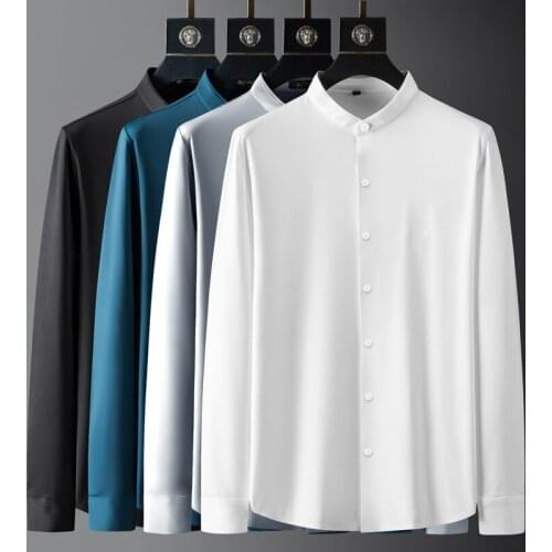 Minglu Spring Autumn Mens Shirts Luxury Long Sleeve Stand Collar White Male Shirts Fashion Slim Fit Casual Man Shirts 4XL