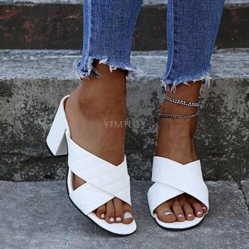 Summer Fashion High Heels Rhombus With Women Sandals Daily Casual Large Size 36-43 Slippers Square Heel Zapatos De Mujer