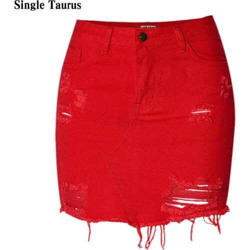 England High Waist Sexy Jeans Skirts Women Top Quality Cotton Irregular Hole Ripped Denim Skirts Mujer Red Tassel Short Saia
