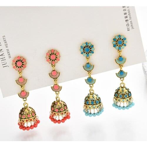 Vintage Summer Flower Bell Tassel Earring Indian Jhumka Jewelry Pendientes Boho Ethnic Hanging Earrings For Women