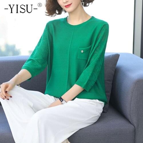 YISU 2021 New Top with sleeves Sweater O-Neck Solid color Knitted Pullover Lace Long sleeve Female Thin Women clothing