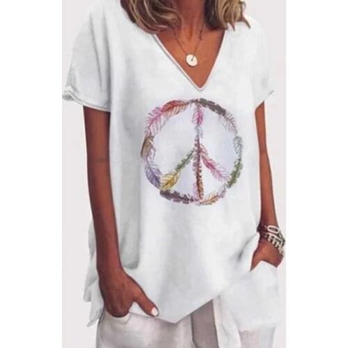 Ladies Summer Casual V-neck T-shirt Ladies Short Sleeve Printed Top Plus Size Tee Shirt femme 2021