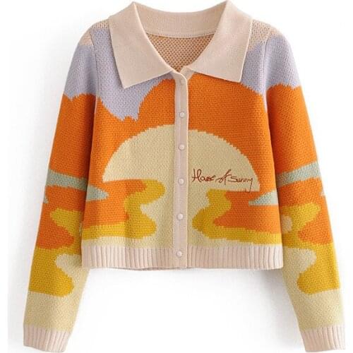 Womens Cardigan 2021 Fashion Sunset Oil Painting Printing Knitted Short Sweater Vintage Lapel Long Sleeve Outerwear Tops SA860
