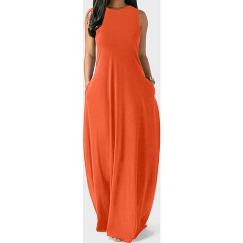 4# Elegant Womens Dress Sleeveless Solid Vintage O-neck Pockets Maxi Dresses Casual Plus Size Vest Plain Long Dress Robe Longue