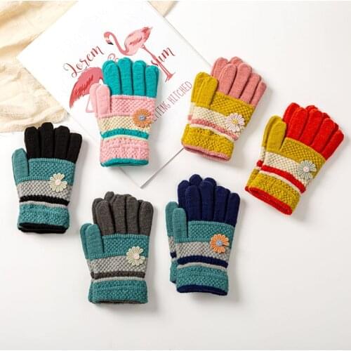 4-10 Years Winter Knitted Childrens Gloves Girls Fashion Flower Full Finger Kids Gloves Warm Outdoor Child Baby Boys Mittens