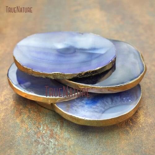 10Pcs Latest Gold Color Round Shape Coaster Purple Lace Agates Coaster Approx 55-75mm PM14931