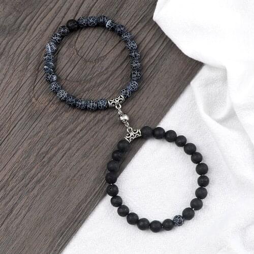 2Pcs/Set Couple Vintage Weathered Stone Round Magnet Pendant Bracelets High Quality 6 8MM Strench Bangle Jewelry Gift for Friend