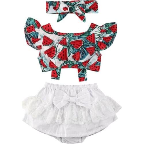 2020 Baby Summer Clothing Newborn Infant Baby Girl Clothes Watermelon Crops Top Shorts Lace Dress Outfit With Bow 3Pcs Outfit