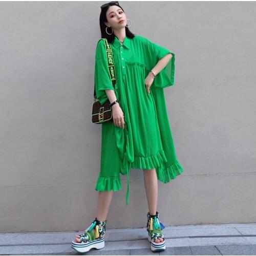 2021 New Women Fashion Korean Pleated Shirt Dresses Spring Summer Plus Size Notched Ruffles Loose Casual Female Dresses LJ3067