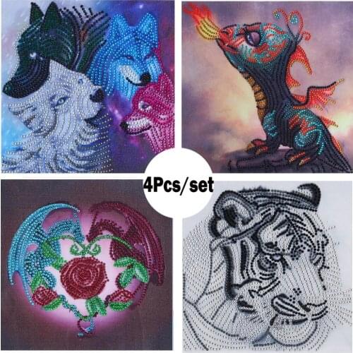 4Pcs Animal Tiger Dragon Wolf Special Shaped Diamond Painting Crystal Rhinestones 5D DIY Diamond Embroidery Decor Cross Stitch