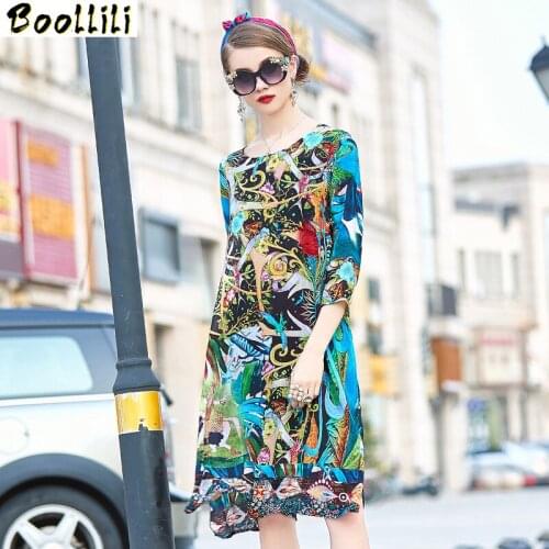 Boollili Summer Dress Women Real Silk Dress Korean Print Midi Beach Dress Elegant Vintage Party Dress Woman Vestidos Mujer