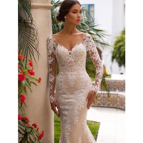 Champagne Long Sleeves V-neck Mermaid Wedding Dresses Illusion Lace Applique Backless Bridal Gown robe de soirée de mariage