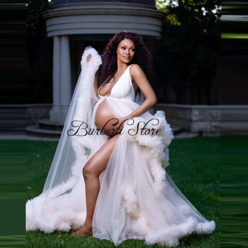 High Quality Ivory Tulle Maternity Dress To Photo-shoot Sexy Deep V-neck Ruffles Pregnacy Gowns Pretty Mesh Baby Shower Dresses