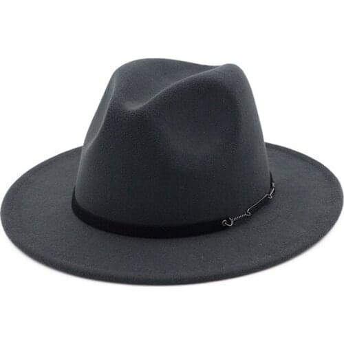 Men Women Wide Flat Brim Wool Felt Formal Party Jazz Trilby Fedora Hat with Belt Metal Unisex Top Sunhat 11 Colors GH-326