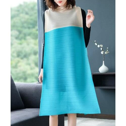 HOT SELLING Miyake Fashion fold sleeveless patchwork stand neck dress IN STOCK