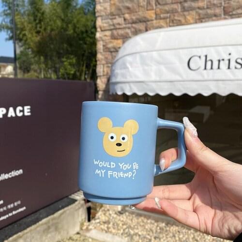 Korean Good Friend Cute Cream Blue Bear Head Mug Couple Milk Cup Afternoon Tea Coffee Cup Breakfast Cup Ceramic Cup