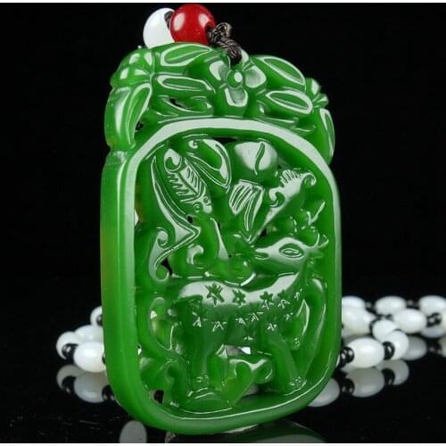 Natural Green Jade Deer Bat Pendant Beads Necklace Charm Jadeite Jewelry Double-sided Hollow Carved Amulet Gifts for Her Men