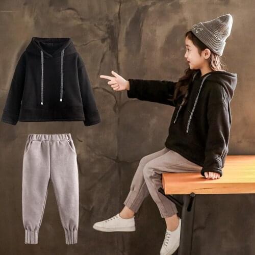 New Cheap Winter Spring Autumn Sweater Pants Warm Kids Girl Sets Suits Sports Thicken Plus Velvet Outfits Black Teens Children