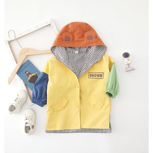 Autumn Boys Jacket Cartoon Print Hooded Windbreaker for Girls Kids Clothes Toddler Boy Coat Color Stitching Fashion Baby Outwear