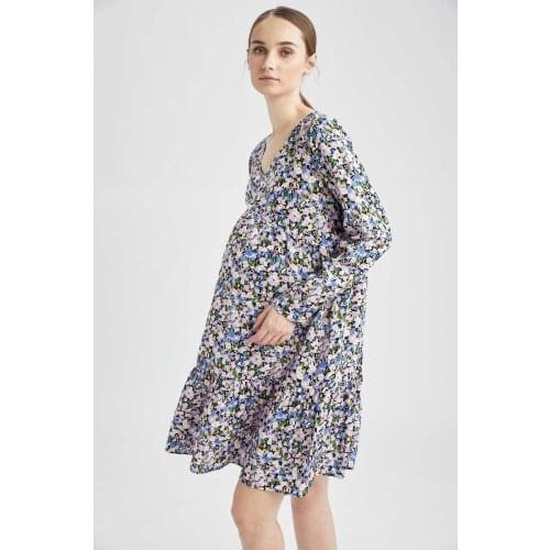 DeFacto Spring Woman Maternity Wear Maternity V Neck Flywheel Detailed Flower Patterned Dress Pregnant Fashion-T9699AZ21SP