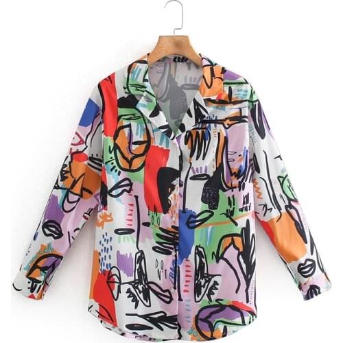 The latest design ladies graffiti print shirt long sleeve lapel blouse party festive blouse